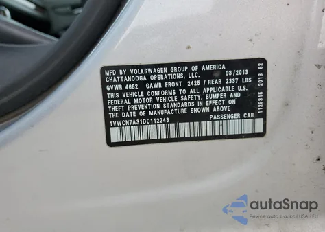 2013 Volkswagen Passat Sel from USA, damaged, VIN 1VWCN7A31DC112243